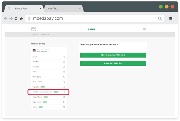 No menu de sua conta MoedaPay, selecione “Transferir para conta externa”.